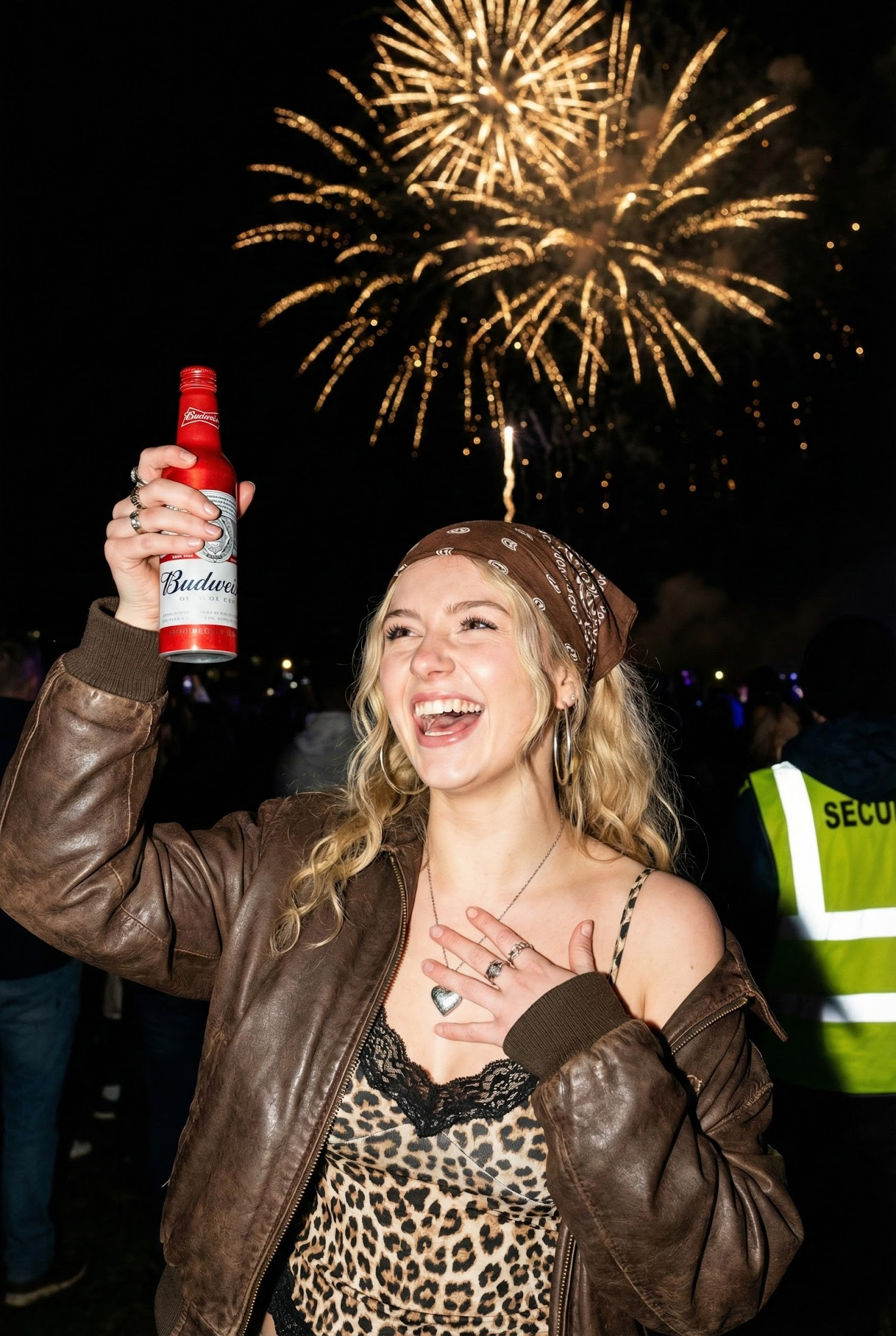 New Year Fireworks Celebration with a Beer