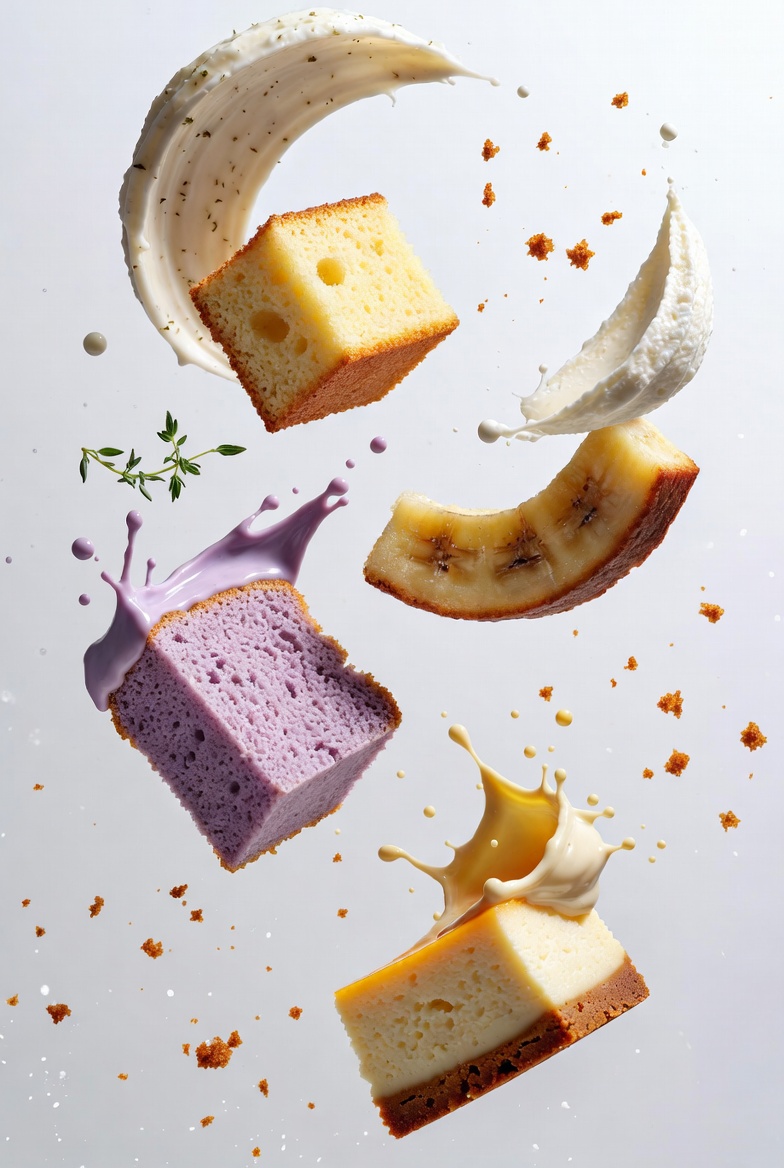 Quatre gâteaux dans des éclaboussures de crème figées