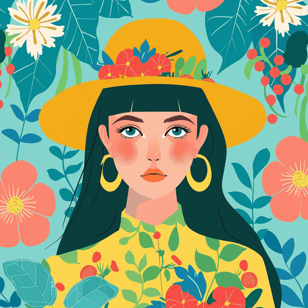 Flat Vector Floral Portrait in Yellow Hat