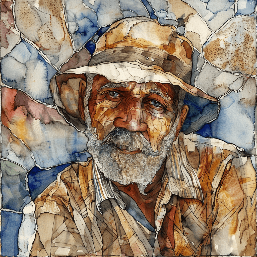 Wettergegerbter Alter im Aquarellmosaik