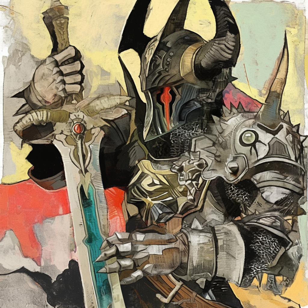 Horned Armored Warrior in Watercolor Ink