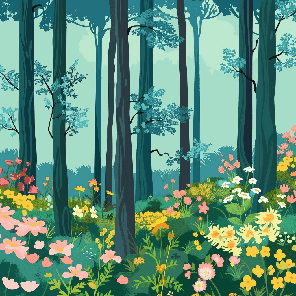 Flat-Style Misty Teal Forest Wildflowers