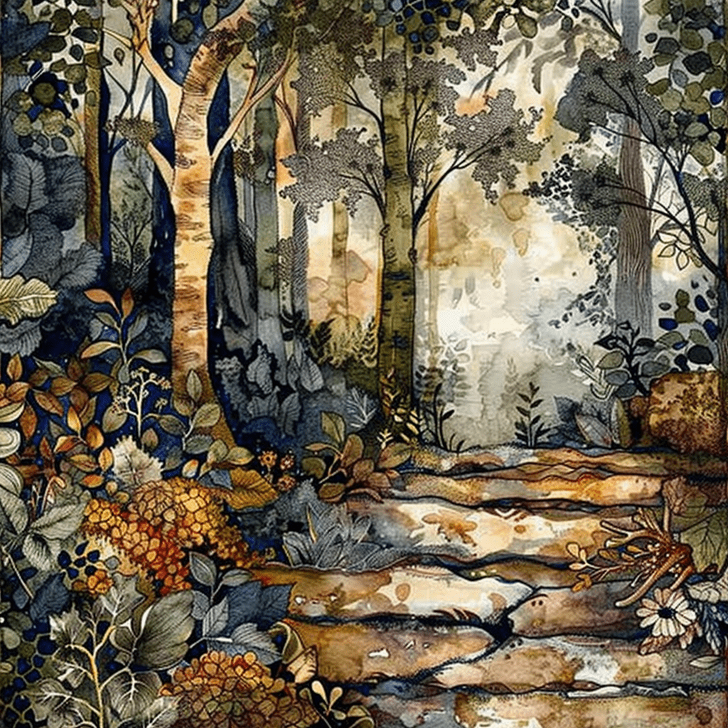 Woodland Steps in Botanical Tapestry Watercolor
