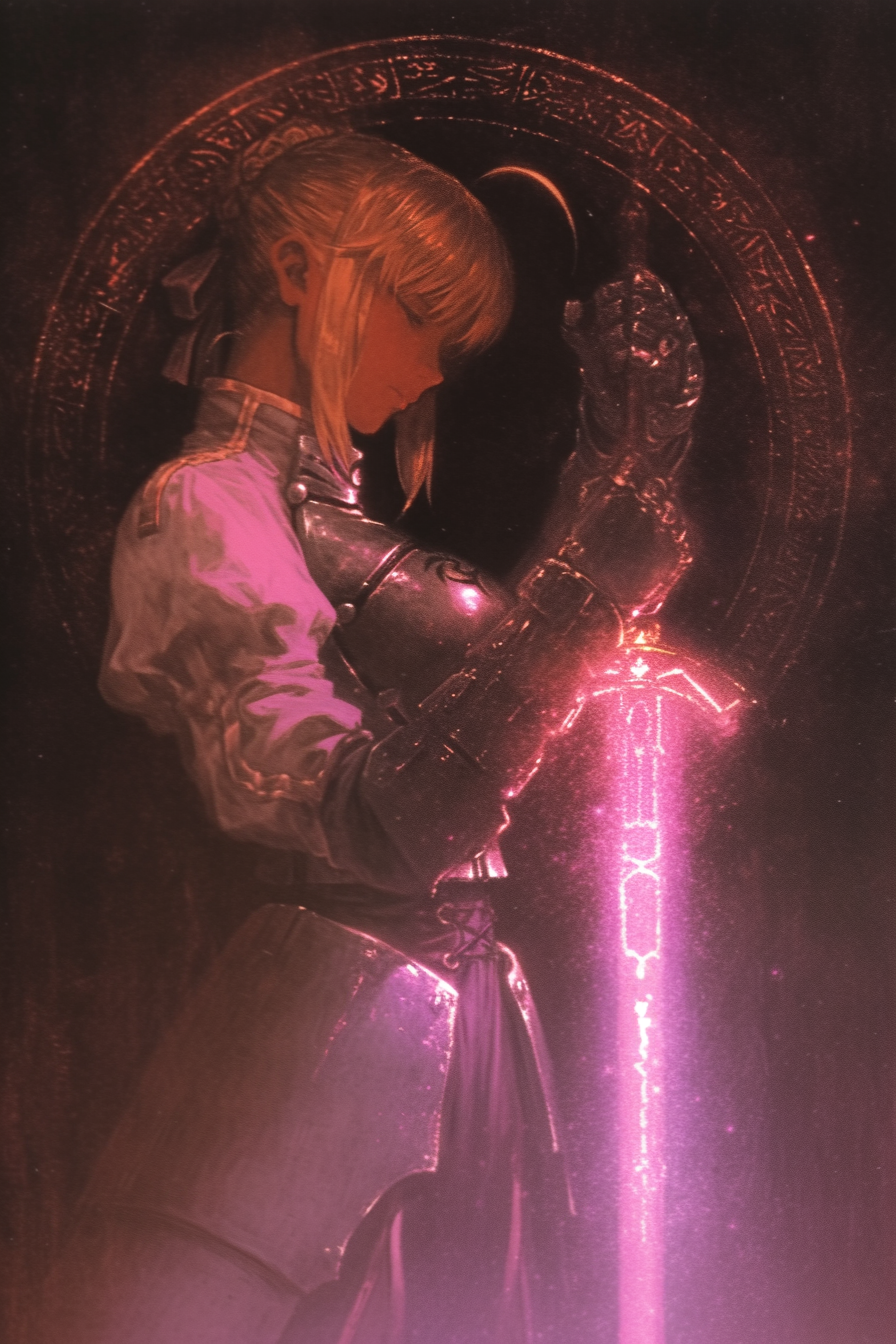 Blonde Swordswoman with a Giant Red Light Blade